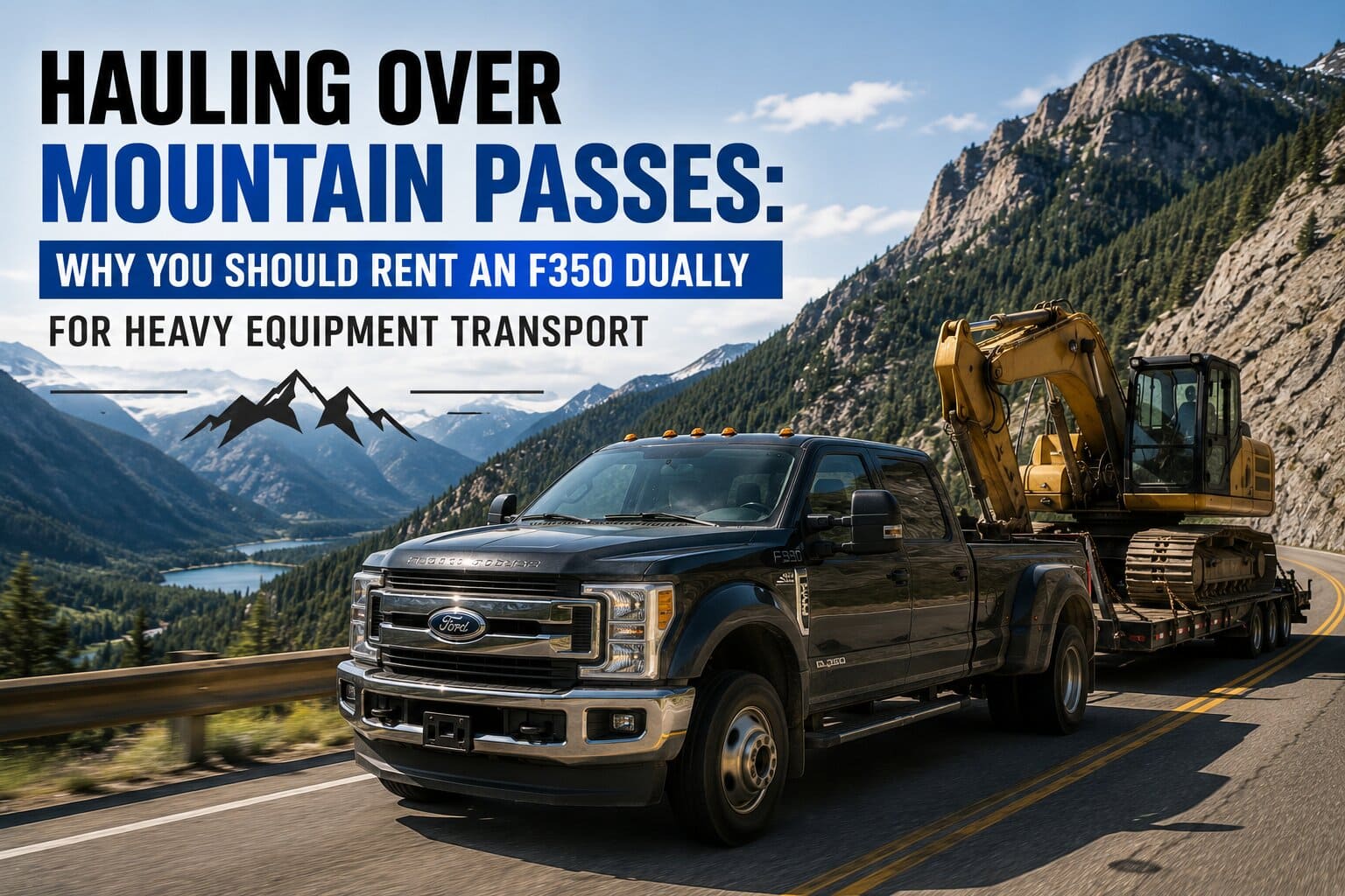 A heavy-duty truck from a rent f350 dually fleet hauling a flatbed gooseneck trailer loaded with an excavator over a scenic mountain highway pass.