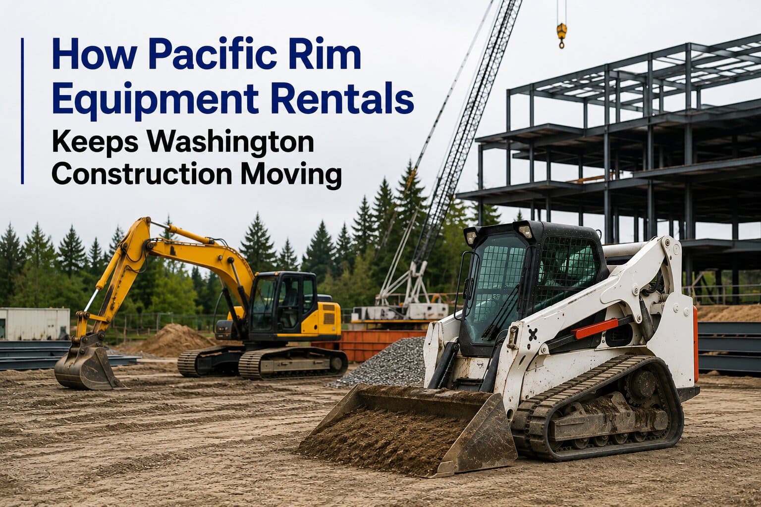 A line of yellow heavy construction machinery including excavators and loaders provided by pacific rim equipment rentals operating on a muddy Seattle job site with the cityscape in the background.