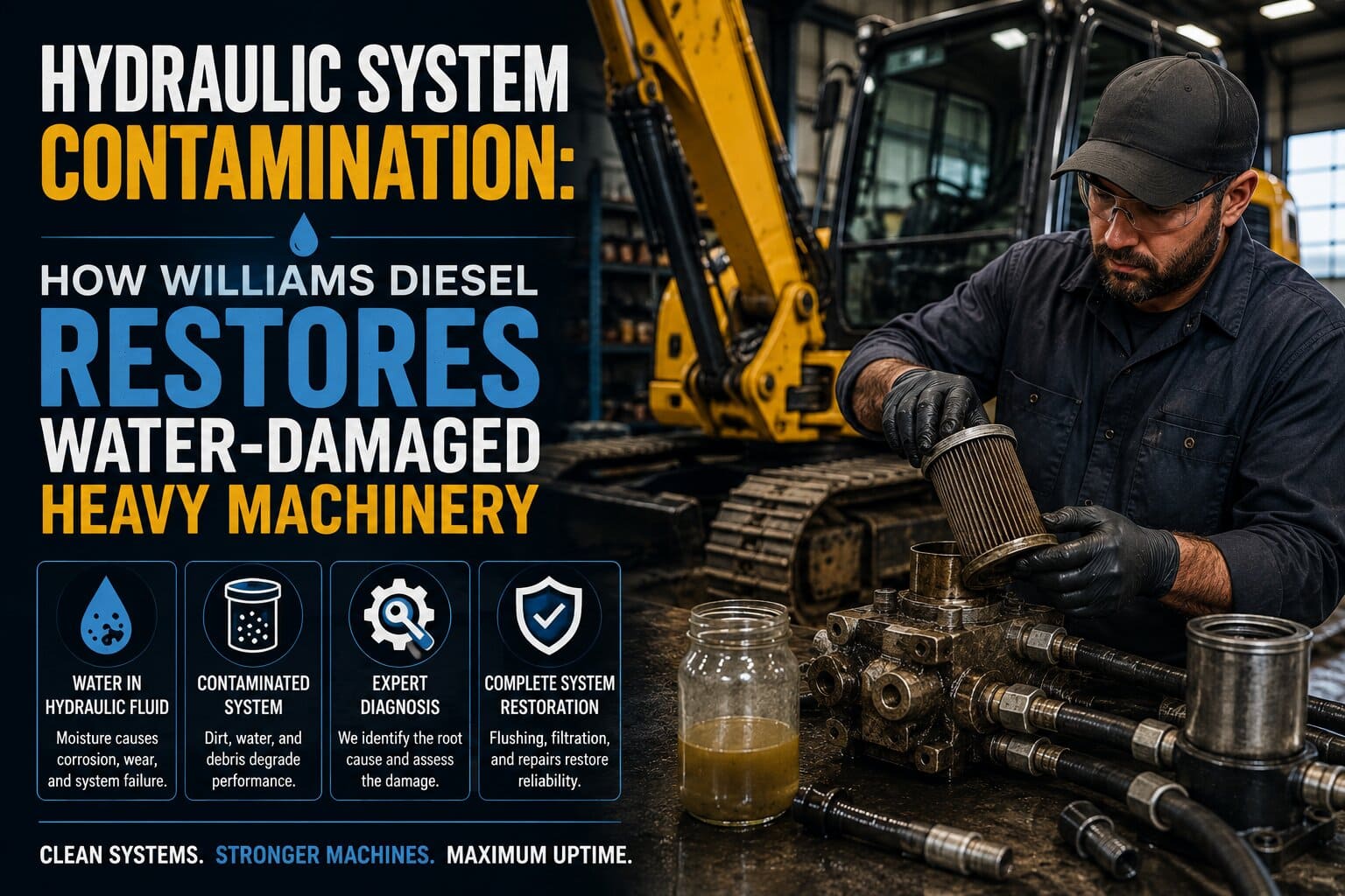 A certified william diesel technician inspecting water-damaged hydraulic fluid and performing system diagnostics on a heavy-duty excavator in a Washington repair shop.