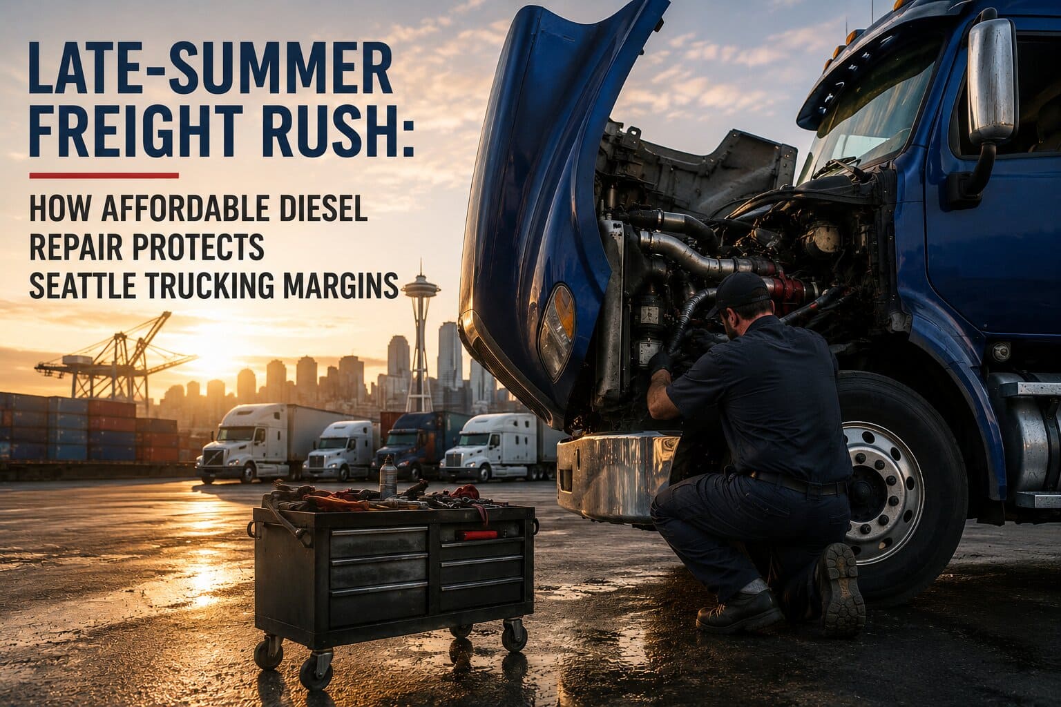 A commercial semi truck parked at a Pacific Northwest freight terminal receiving affordable diesel repair and maintenance from a certified technician.