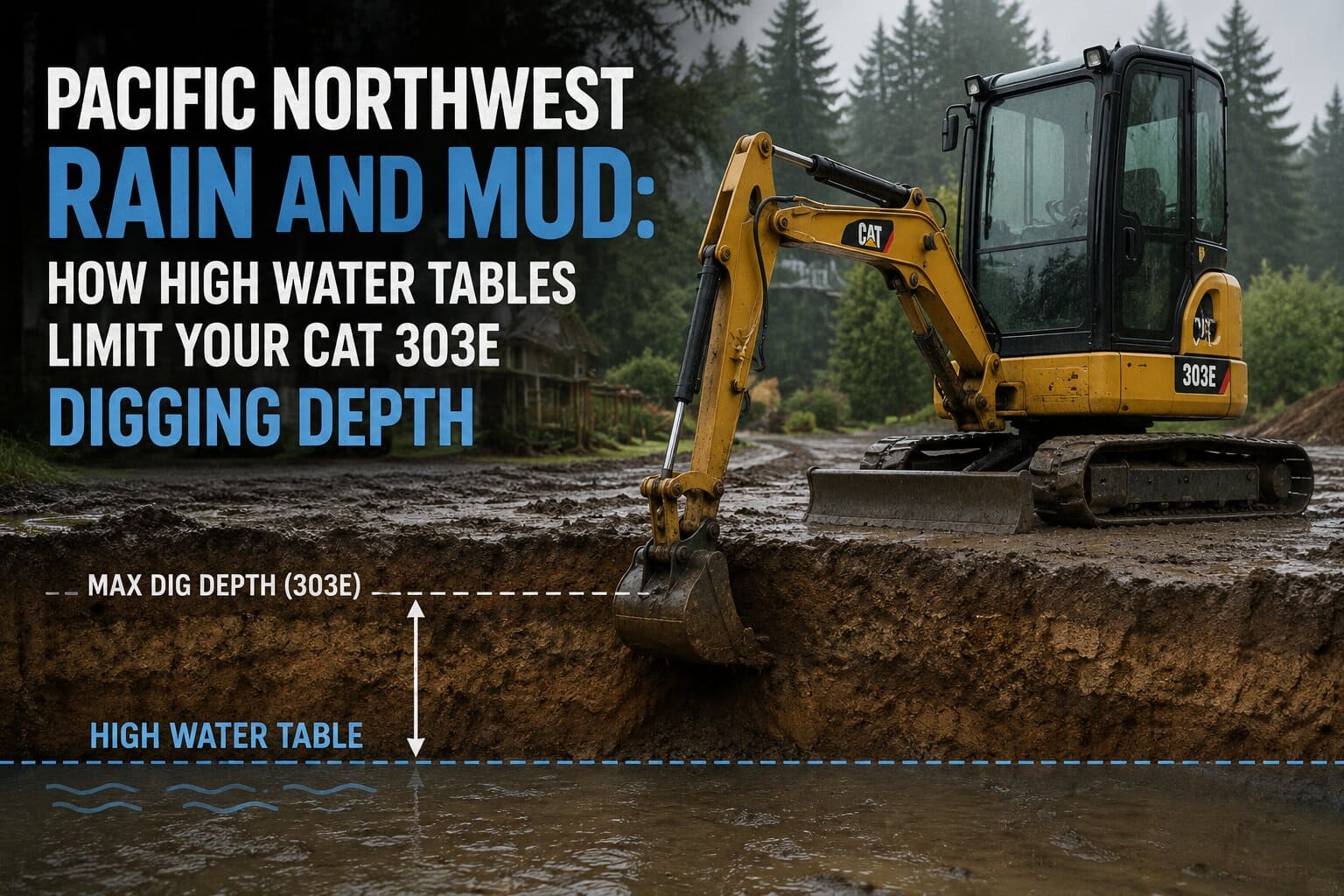 A compact Cat 303E mini excavator digging a drainage trench in saturated mud and rain on a Pacific Northwest construction site, demonstrating real-world cat 303e digging depth capabilities.