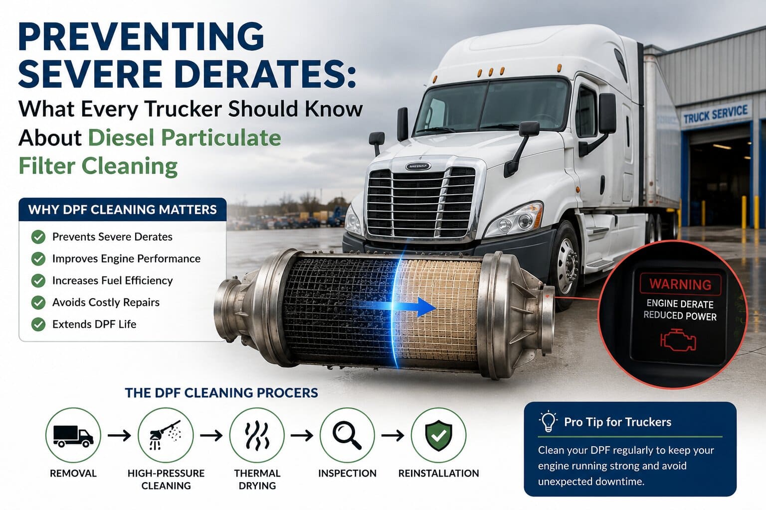 Certified diesel technician performing diesel particulate filter cleaning on a commercial heavy truck exhaust system