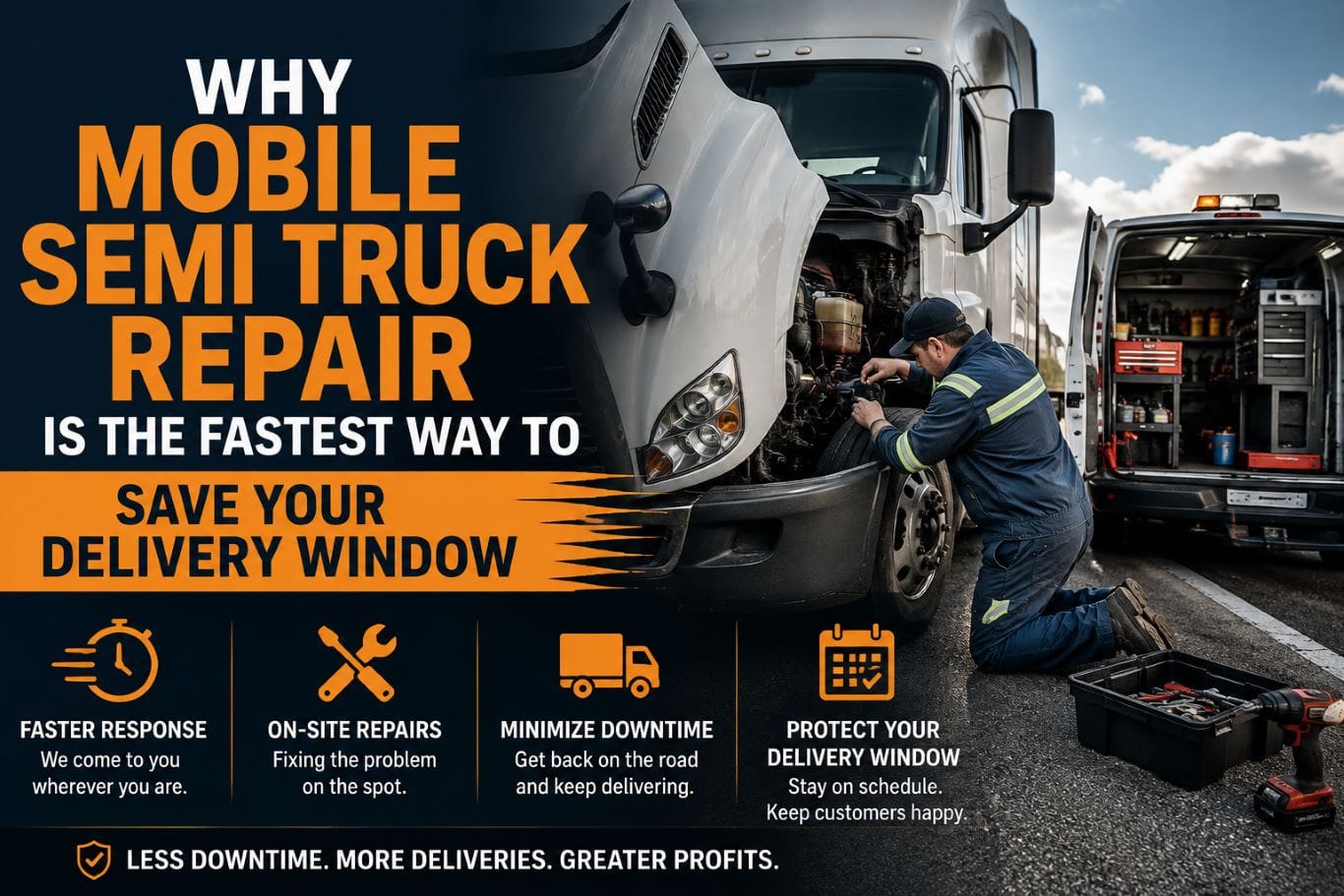 Mobile semi truck repair service with a diesel mechanic performing on-site repairs on a semi-truck while a fully equipped service van provides tools and equipment.