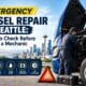 A mobile technician providing fast emergency diesel repair Seattle on a commercial semi truck parked safely on a highway shoulder.
