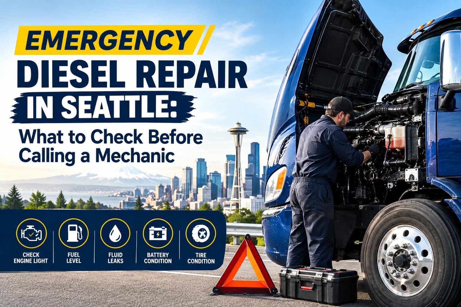 A mobile technician providing fast emergency diesel repair Seattle on a commercial semi truck parked safely on a highway shoulder.