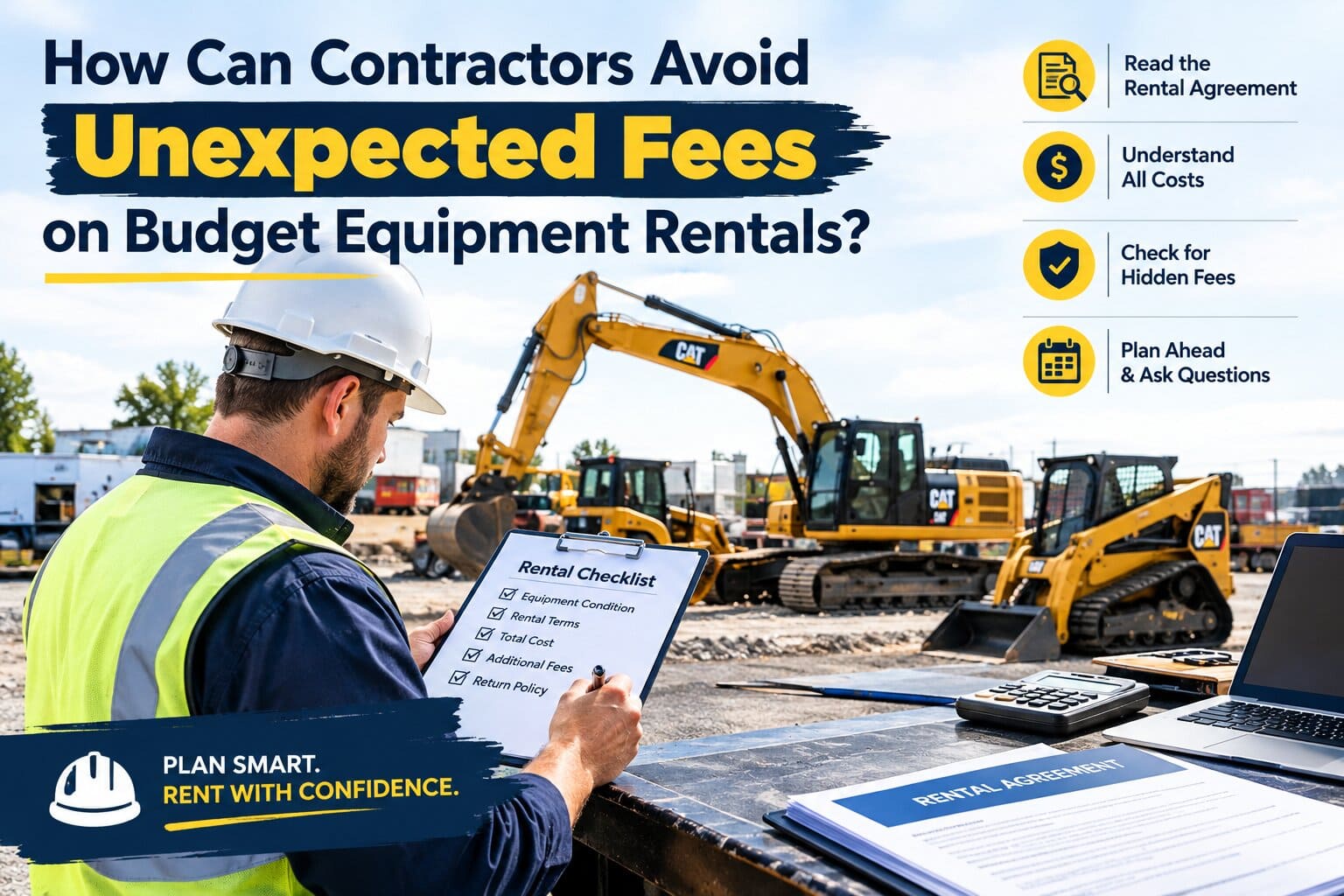 Commercial contractor reviewing an inspection checklist next to a clean excavator on a job site using budget equipment rentals in Washington.