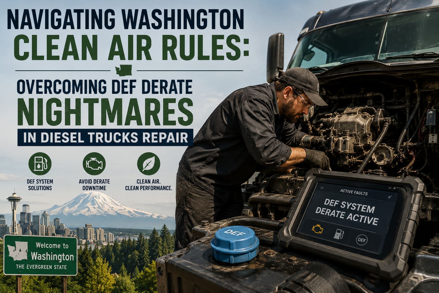A certified technician diagnosing an SCR emissions system during a professional diesel trucks repair service in a Seattle workshop.