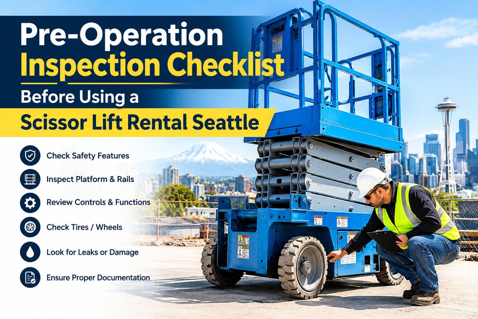 A commercial contractor performing a detailed pre-operation safety walk-around on a clean scissor lift rental Seattle platform before morning operations.