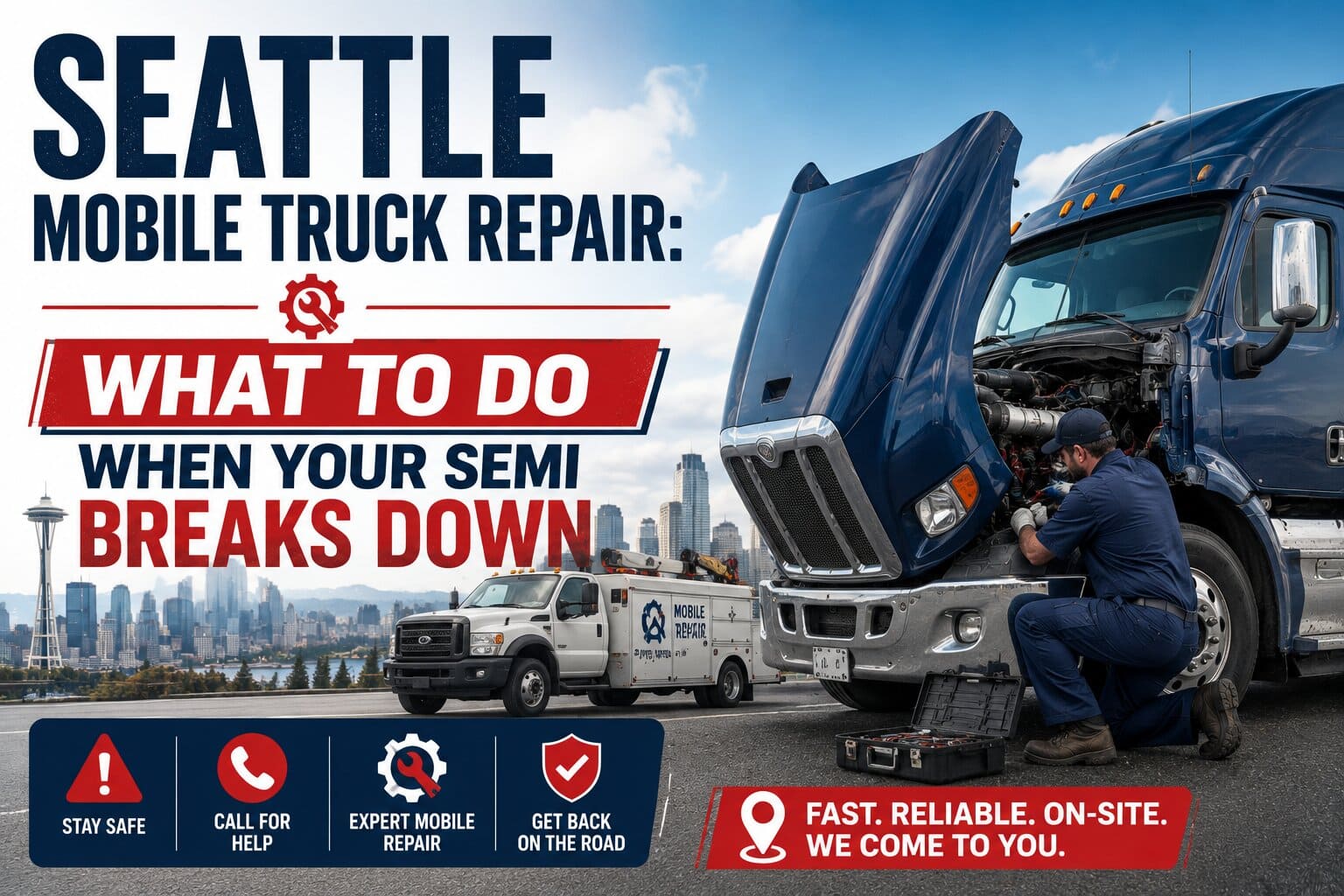 A mobile service truck technician performing roadside seattle mobile truck repair on a semi truck parked along an interstate highway.