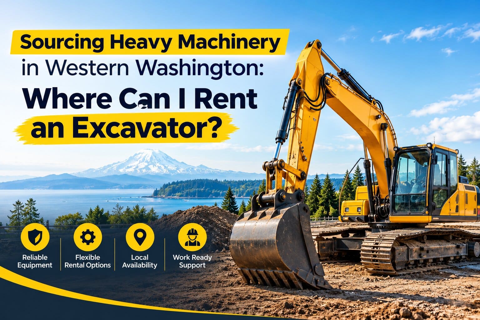 A heavy-duty compact digger working on a construction site answering where can i rent an excavator for Western Washington projects.