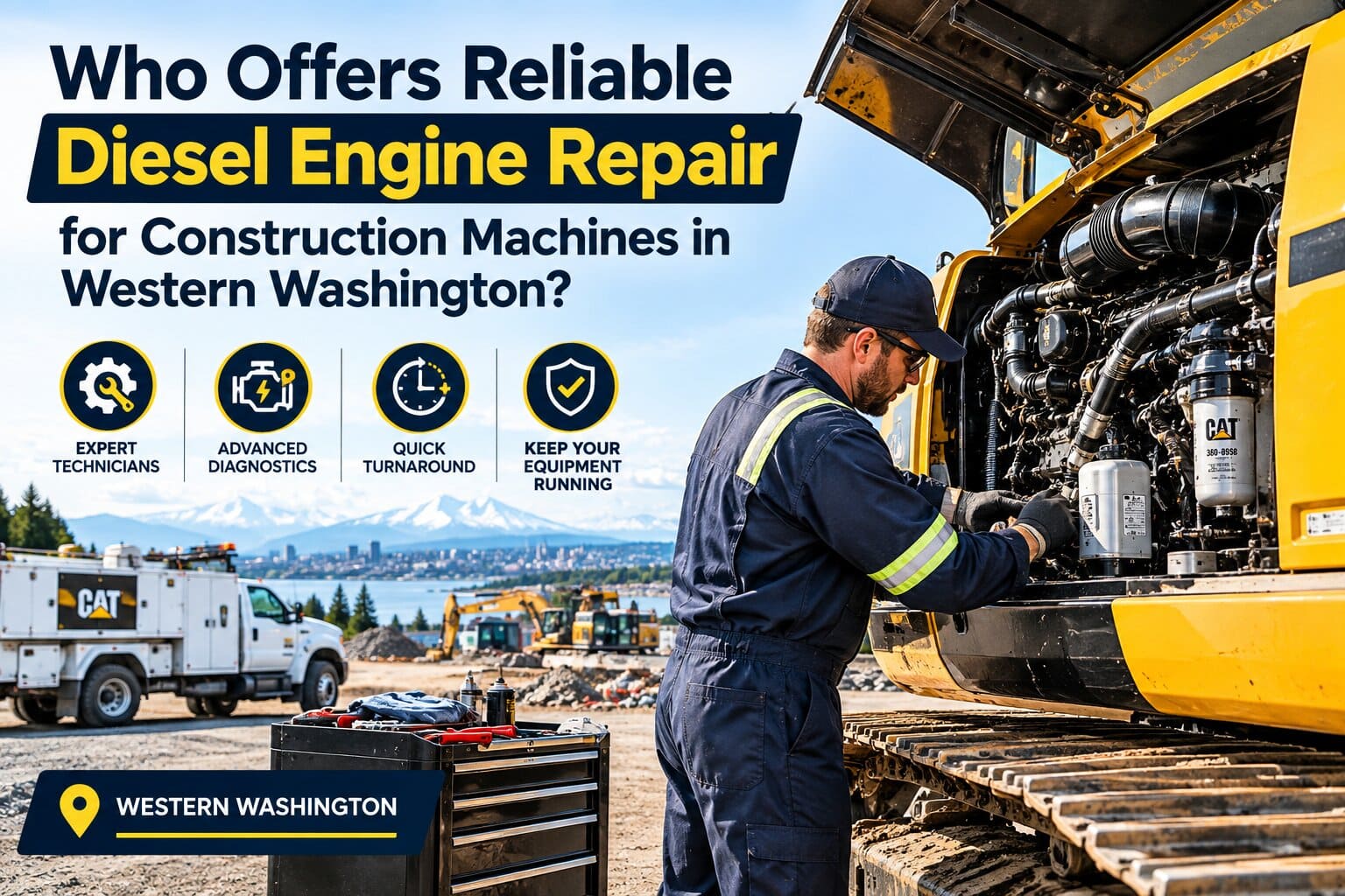 Certified field mechanic diagnosing an excavator engine providing reliable diesel engine repair on a Western Washington construction site.