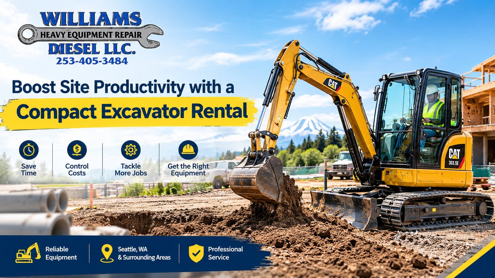 Compact excavator operating at a construction site, demonstrating how a compact excavator rental supports efficient digging and site preparation.