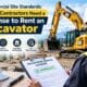 Contractor reviewing site plans next to rented earthmoving machinery to check whether workers need a license to rent an excavator for commercial builds.
