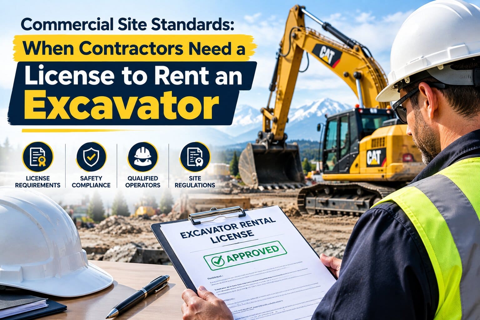 Contractor reviewing site plans next to rented earthmoving machinery to check whether workers need a license to rent an excavator for commercial builds.