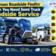 Mobile service technician providing semi truck roadside service to inspect air brake lines on a commercial tractor parked on the highway shoulder.