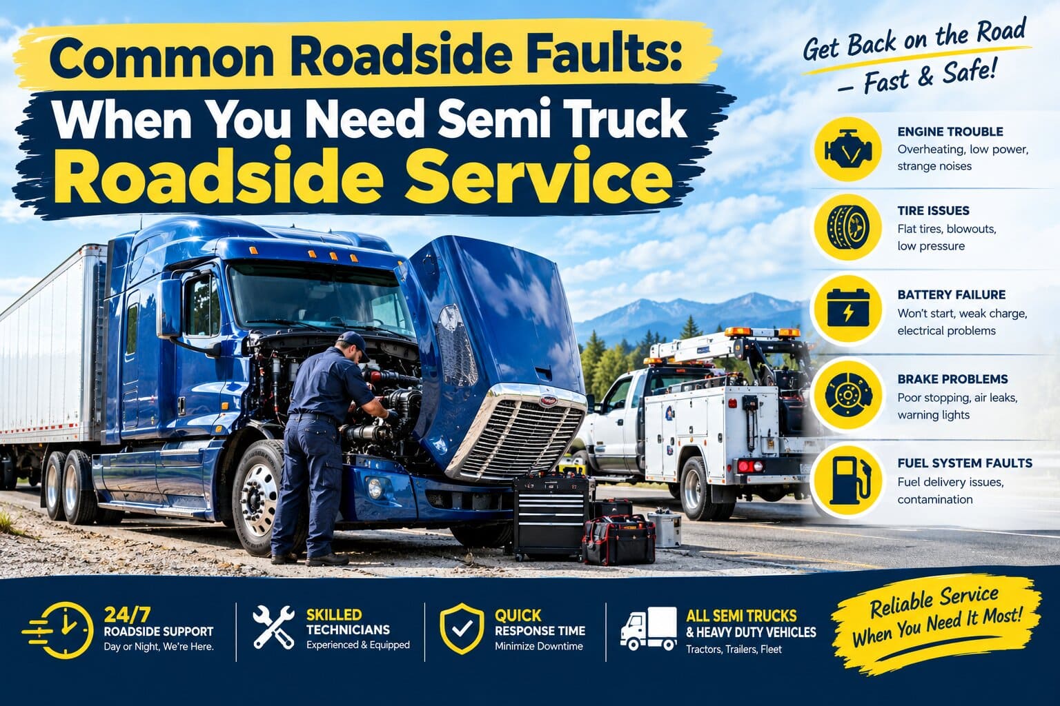 Mobile service technician providing semi truck roadside service to inspect air brake lines on a commercial tractor parked on the highway shoulder.