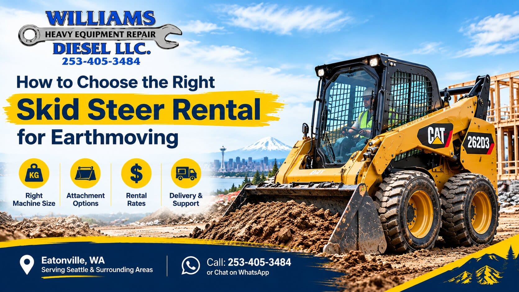 Williams Diesel LLC commercial skid steer rental parked on a residential jobsite ready for earthmoving and site grading.
