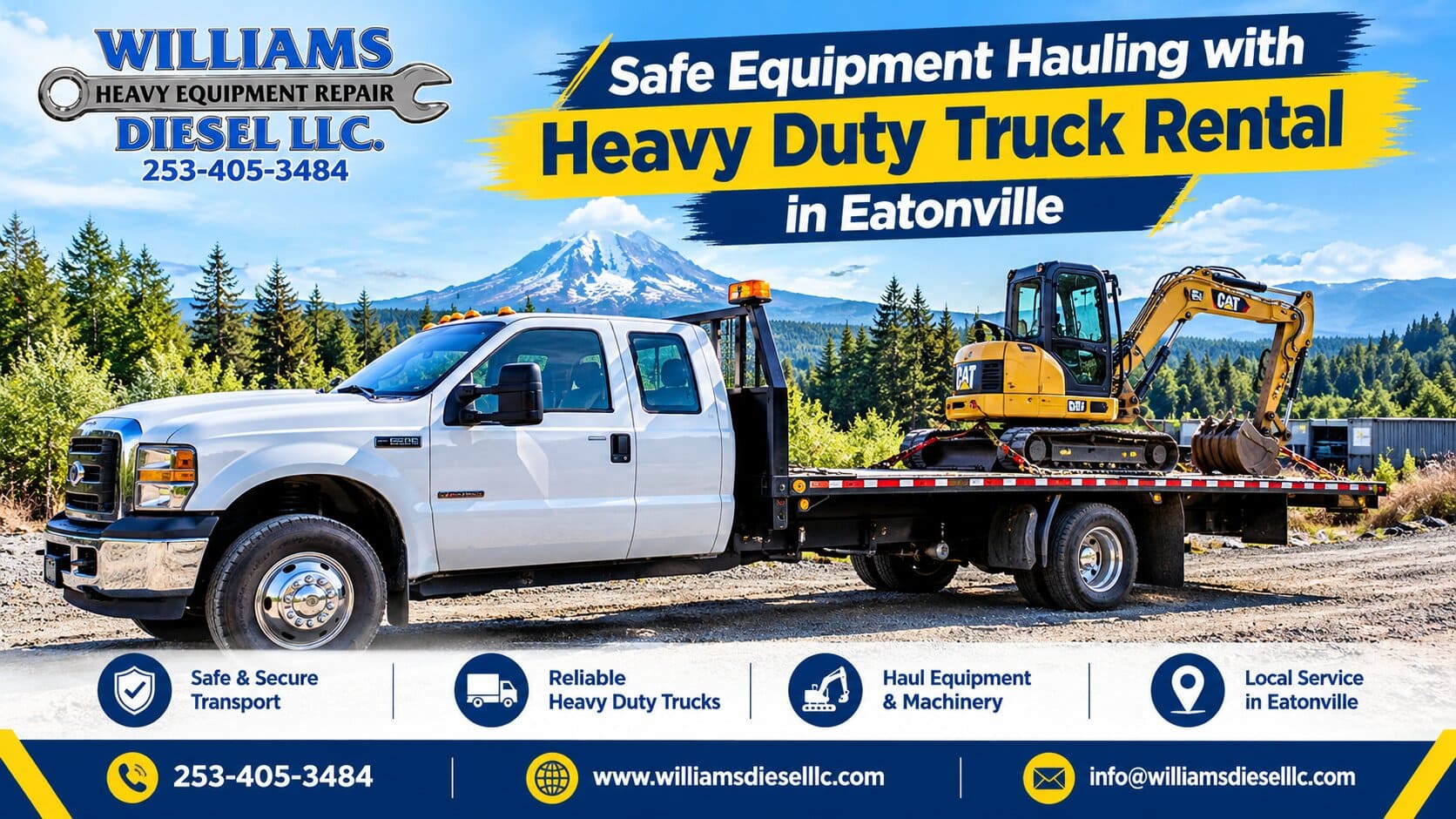 Commercial contractor securing an earthmoving trailer to a heavy duty truck rental in Eatonville for safe jobsite machinery transport.