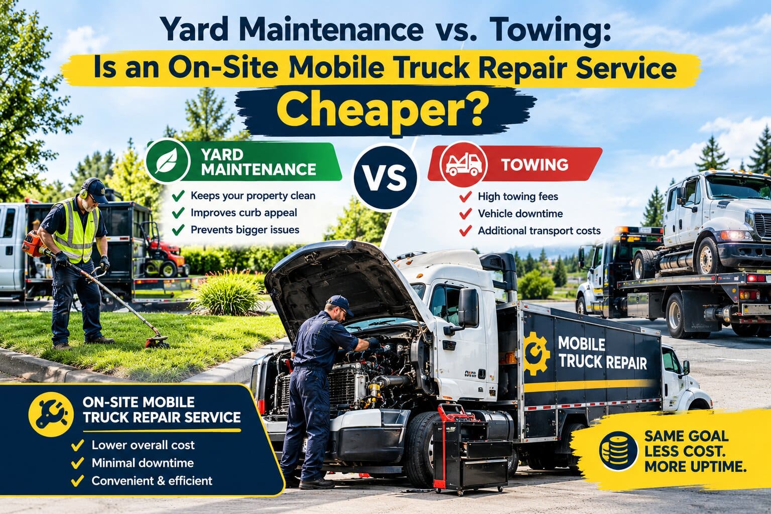 Mobile service technician performing on-site fleet diagnostics using a mobile truck repair service van parked in a commercial yard.